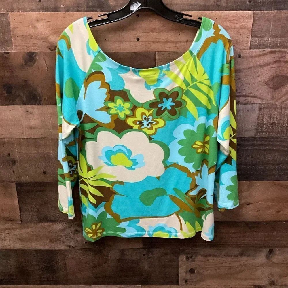 Judy Lee Cole Top Scoop Neck Tropical Aqua Green Yellow White Floral Print XL - Picture 8 of 9